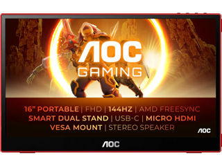 Monitor portabil LED AOC 16G3, 15.6", FHD, 144Hz, AMD Freesync, negru