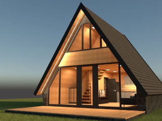 Casă din lemn tip A frame 53 mp + terasa 18 mp la cheie (Proiect)
