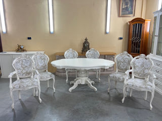 Masa cu 6 scaune barok de culoare alba din lemn foto 9