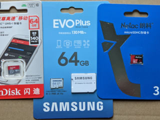 Samsung EVO Plus 64GB MicroSD. SanDisk Ultra 64 Gb, Netac Pro 32 Gb. foto 1