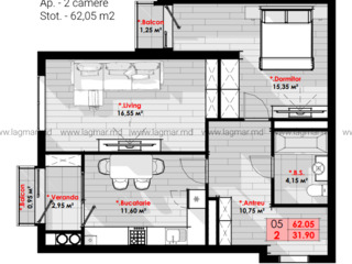 Apartament cu 2 camere, 62 m², Centru, Chișinău foto 3