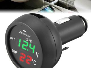Вольтметр-термометр и зарядное usb 12/24v. 3 в 1 Прибор измеряет температуру от минус 30 до +70*С