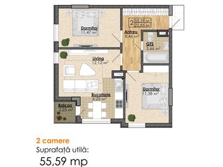 Apartament cu 2 odăi+living în casă nouă, varianta albă, 55,59 m.p., etaj 3 din 9, Dendrariu! foto 3