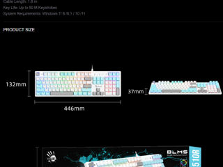 Gaming Keyboard Bloody S510R, Mechanical, BLMS Switch Red, Double-Shot Keycaps, EN/RU, White, USB foto 8