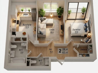2-rm apt., 64 м², 3/7 fl.