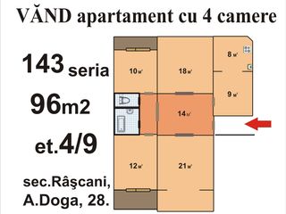 Serie143. 4 odăi, 96 m2, etajul 4/9, sec. Râșcani. Proprietar. foto 10