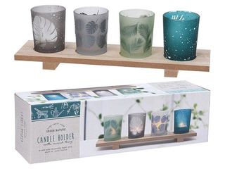 Candelabre Din Sticla 4Buc, Suport Din Lemn Pe Picioruse