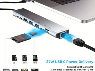 Hub USB C 8-în-1 cu 4K HDTV, 100W PD, USB 3.0, RJ45, SD/TF, compatibil Steam Deck foto 3