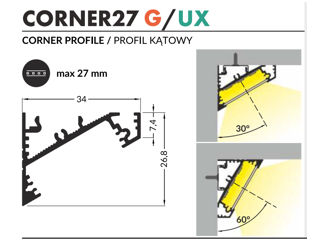 Profil din aluminiu de colt CORNER 27 pentru banda LED - anodizat 2 metri - set complet Profilul LED foto 2