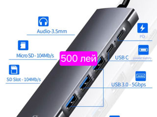 Док-станции.hub usb type C  to HDMIi, dp.usb type C  Vga Sd/tf Pd .lan. rj-45 .audio foto 12