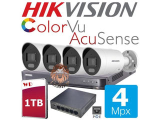 Set 4 Camere Hikvision Acusense Color Vu 4 Megapixeli