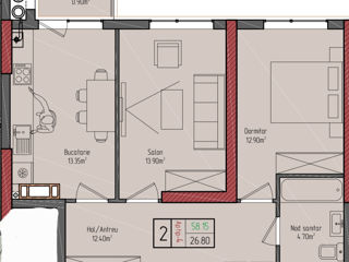 Apartament cu 2 camere, 58 m², Centru, Criuleni