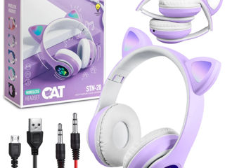 Беспроводные детские наушники с ушками котика (Bluetooth, MP3, FM, AUX, Mic, LED) (арт.STN-28)