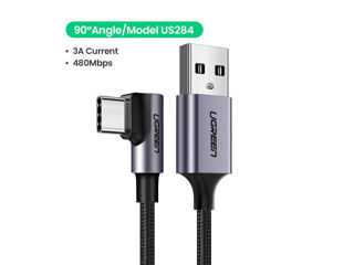 Cablu Date si Incarcare Ugreen 90 USB Type C, 3A Fast Charge, Negru + Gri, 1.0 m foto 2