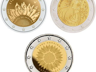 Юбилейные Монеты Эстонии 2€ 2022 Литвы и Латвии 2023 Украина и Свобода, Вместе с Украиной - 100 лей