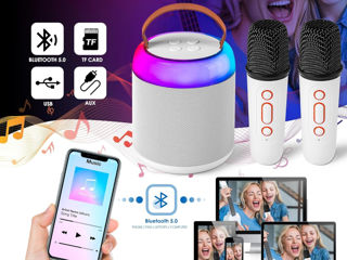 Mini aparat de karaoke cu 2 microfoane fără fir, difuzor Bluetooth portabil pentru copii adulți foto 5