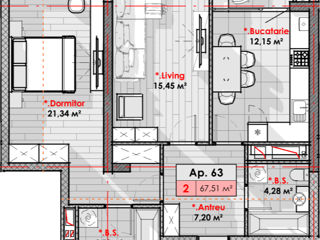 Apartament cu 2 camere, 67 m², Râșcani, Chișinău