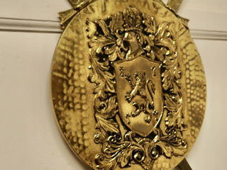 Старинный бронзовый геральдический щит с безудержным львом и скрещенными мечами. foto 4