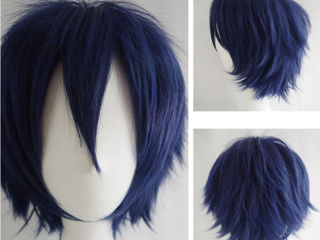 Синтетический короткий прямой синий пушистый парик с полной головой foto 2