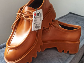Pantofi-loaferi, ZARA, cu șiret pentru femei din piele naturală. foto 1