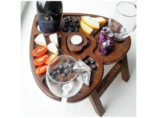 Складной винный столик в форме сердца из натурального дуба foto 3