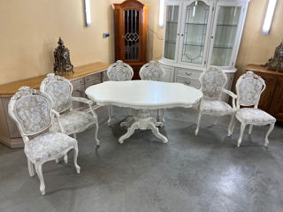 Masa cu 6 scaune barok de culoare alba din lemn