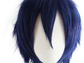 Синтетический короткий прямой синий пушистый парик с полной головой