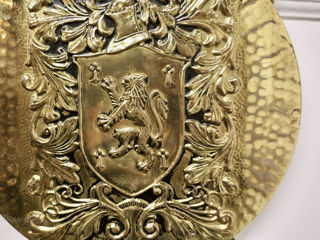 Старинный бронзовый геральдический щит с безудержным львом и скрещенными мечами. foto 2