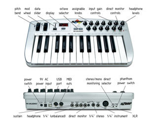 M-Audio Ozone USB Interface, DBX Tube Mini-Preamp (12AX7 tube), Yamaha MODX+, AKAI Advance