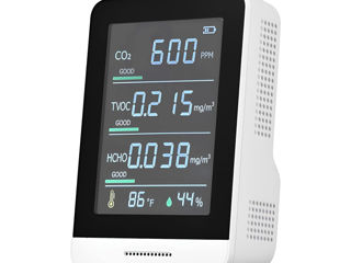 5 in 1 Air Quality Monitor Measures CO2, TVOC, HCHO, Temperature and Humidity