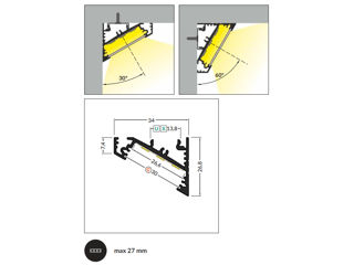 Profil din aluminiu de colt CORNER 27 pentru banda LED - anodizat 2 metri - set complet Profilul LED foto 16