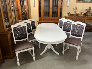 mese…masa alba cu 6 scaune,produs din lemn, Белый стол с 6 стульями, деревянное изделие