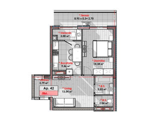 1-rm apt., 54 м², 2/9 fl.