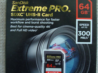 SD SanDisk Extreme Pro 64 Gb pentru foto/video, 300 mb/s, U3,V30, NOU, sigilat - 1300 lei.
