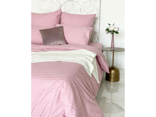 Комплекты постельного белья из страйп сатина пудровка- розовые, размер евро