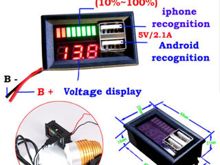 Светодиодный 3.5-12-24-36-60 v. Индикатор емкости батареи с 2 USB портами для зарядки. foto 5