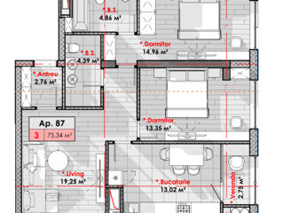 Apartament cu 3 camere, 75 m², Râșcani, Chișinău