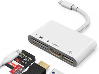 Adaptor USB Lightening la HDMI, Adaptor AV digital HDTV 1080P Cititor de carduri HDMI SD TF 5 în 1