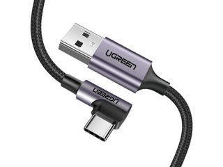 Cablu Date si Incarcare Ugreen 90 USB Type C, 3A Fast Charge, Negru + Gri, 1.0 m