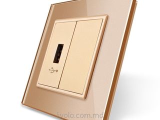 Розетка USB с блоком питания и стеклянной рамкой, цвет золотой foto 1
