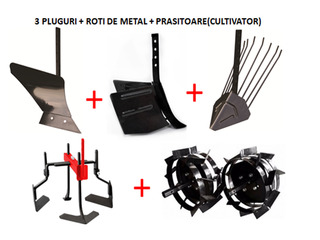 Set accesorii motocultivator plug + plug reglabil+plug cartofi+cultivator prasitoare+roti din metal foto 3