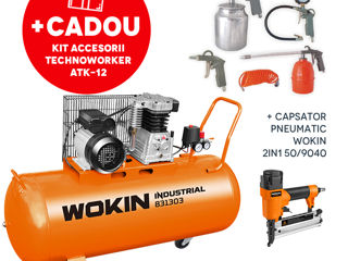 Compresor de aer WOKIN 2200W  100L +Kit Accesorii  ATK-12  (5 piese) + Capsator Wokin 50/9040