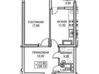 1-комнатная квартира, 50 м², Буюканы, Кишинёв