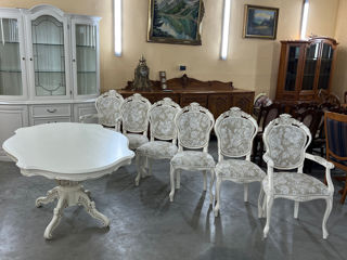 Masa cu 6 scaune barok de culoare alba din lemn foto 2