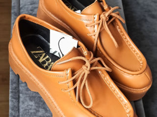 Pantofi-loaferi, ZARA, cu șiret pentru femei din piele naturală. foto 2