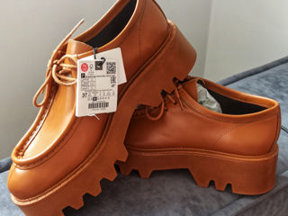 Pantofi-loaferi, ZARA, cu șiret pentru femei din piele naturală. foto 0