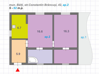 Apartament cu 2 camere, 62 m², Centru, Bălți