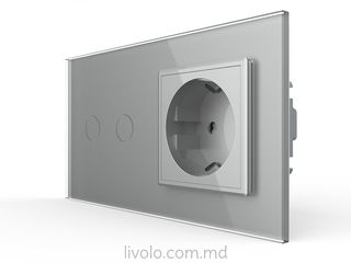 Сенсорный двухклавишный выключатель с розеткой, цвет серый foto 1
