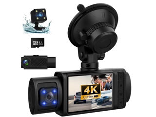 Dash Cam (față/interior + spate) 4K+1080P cu card 32GB Camera de bord