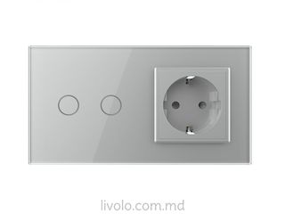 Сенсорный двухклавишный выключатель с розеткой, цвет серый foto 2